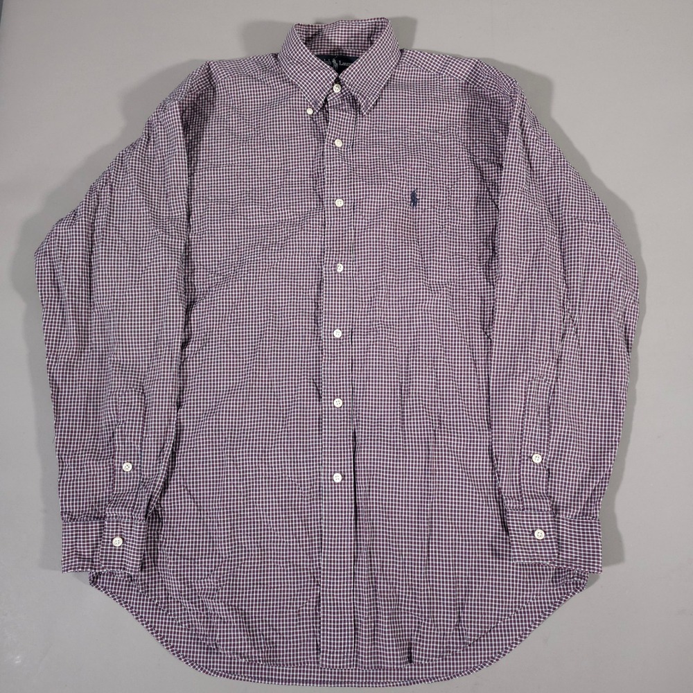 Ralph Lauren Button Down Shirt Mens Medium Maroon Check Blake Long Sleeve Cotton